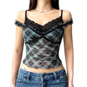 NWT Y2K Babydoll Cami Top Sz.S Plaid Mesh Blue Black Ruffles Sheer Fairy Grunge